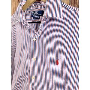 Polo Ralph Lauren Mens Shirt Button Down‎ BLUE RED Striped Long Sleeve LARGE